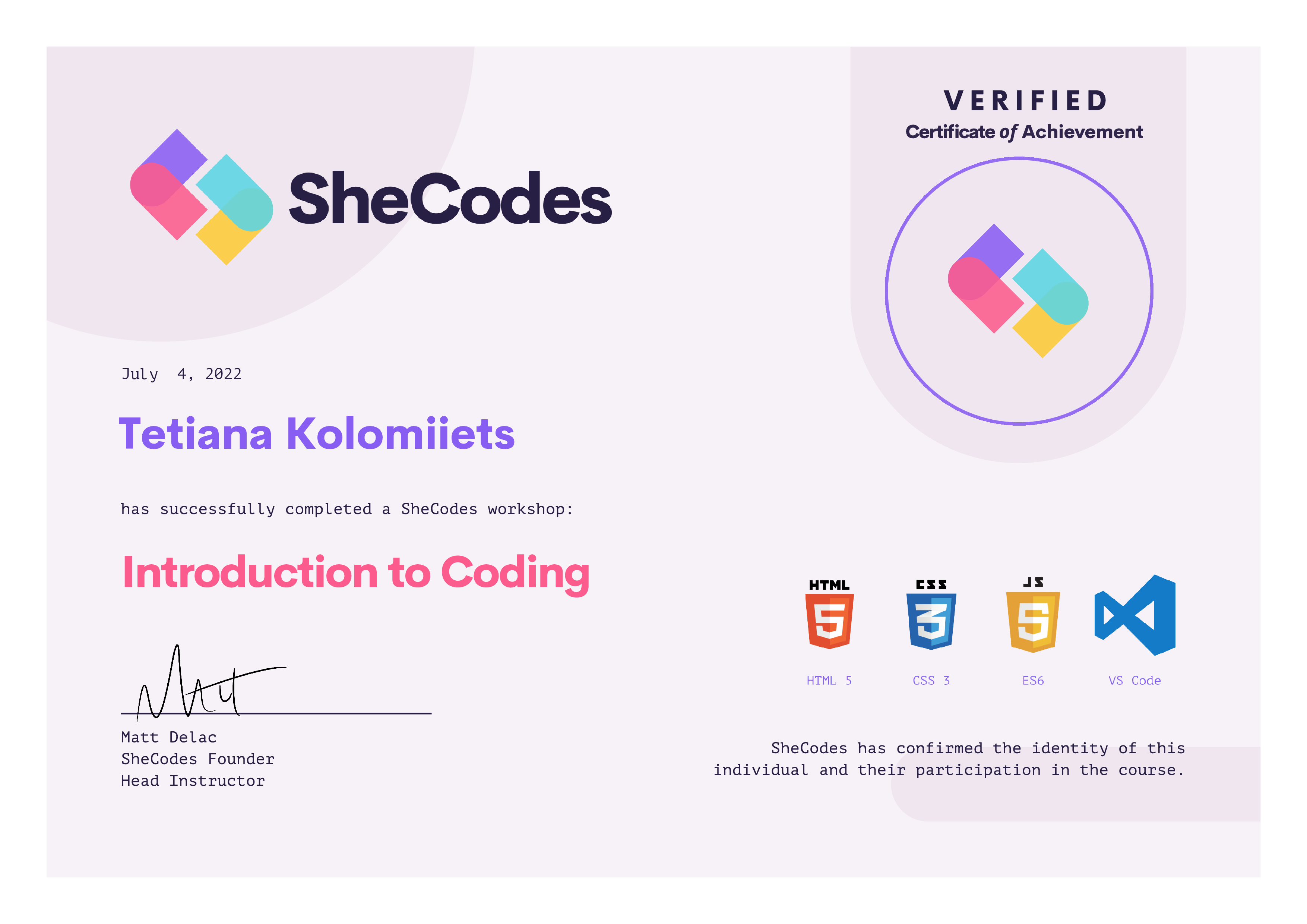 SheCodes Basic Certificate